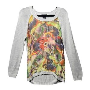 Alison Sheri Womens‎ Silver Knit Floral Sheer Mixed Media Sweater Size M